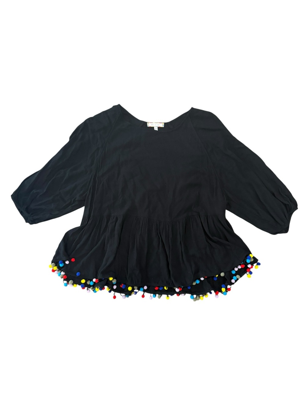 Anthropologie Eri + Ali Black Pom-Dipped Peplum Boho Blouse Size XS